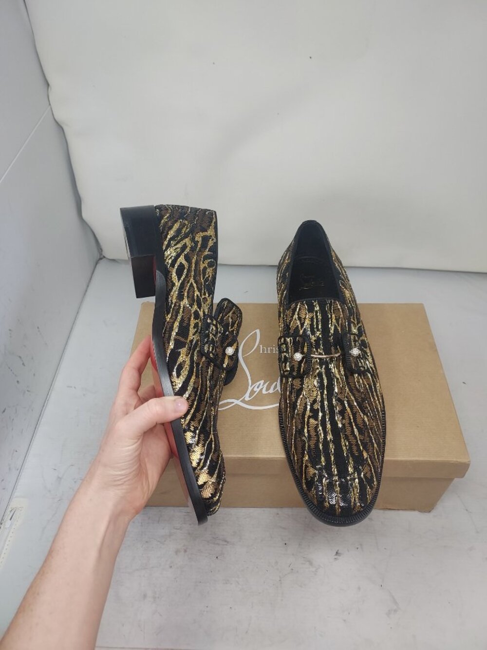 Christian Louboutin Chambelimoc Black Gold Night Men Strass Ocelot Loafer